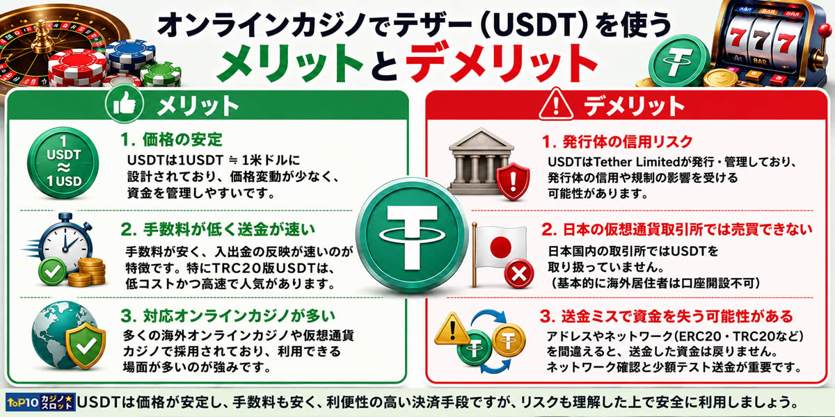 オンラインカジノでテザー（USDT）を使うメリットとデメリット